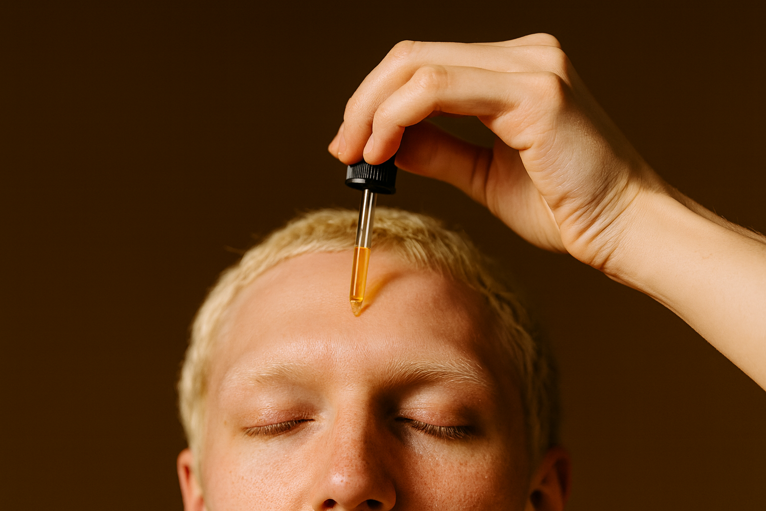 Skincare routine for healthy skin using a facial serum applied with a dropper to the forehead
