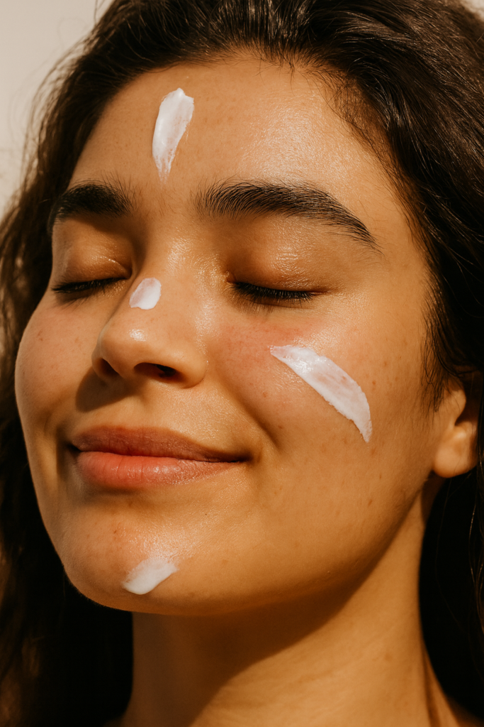 Skincare routine for healthy skin with face cream applied to forehead, nose, cheeks and chin